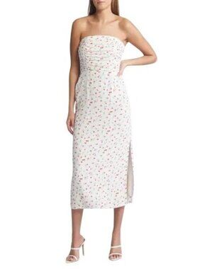 New WAYF Size Small Strapless Floral Midi Dress Smocked Back & Ruched Bustline